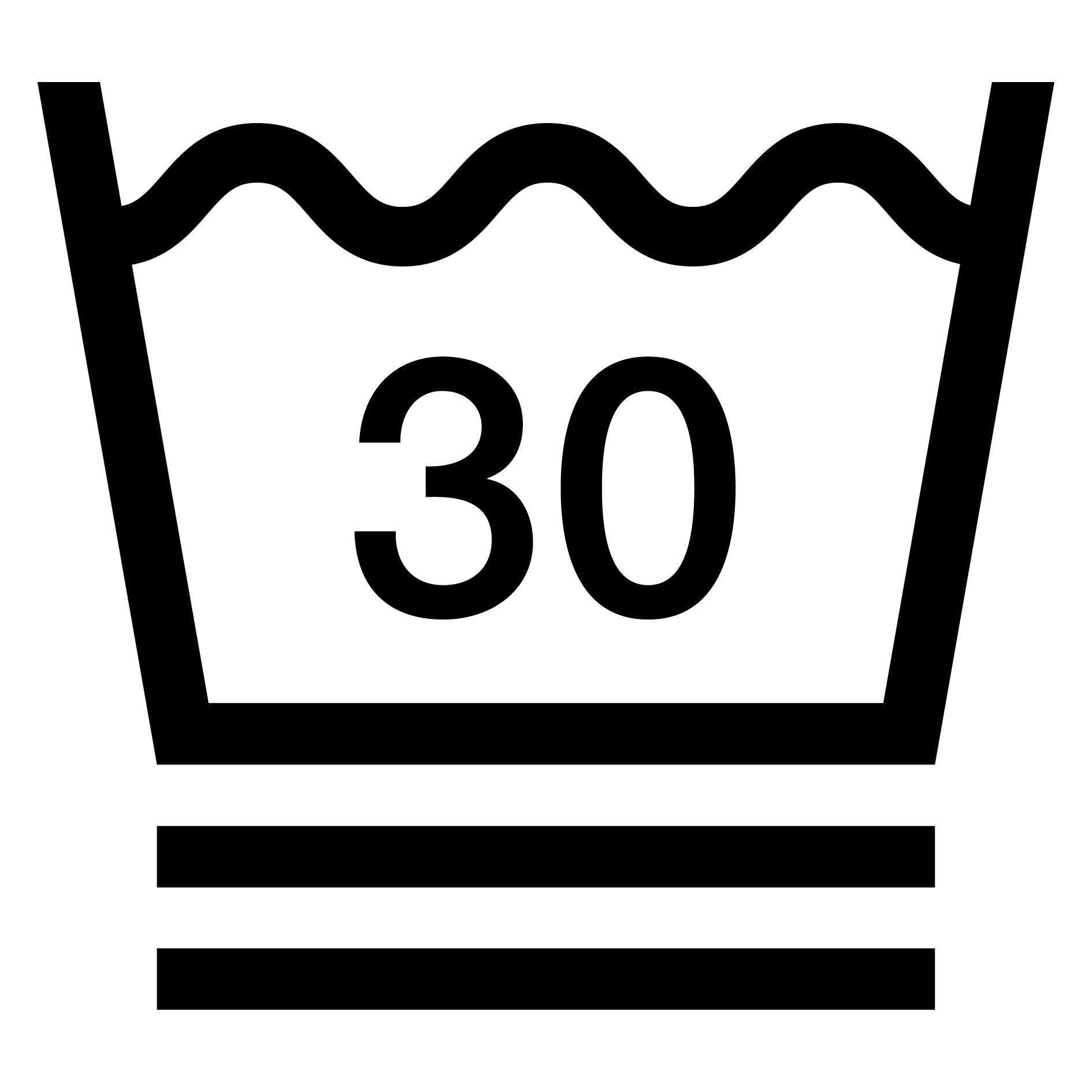 Black care symbol showing a wash tub with the number 30 and two horizontal lines underneath.