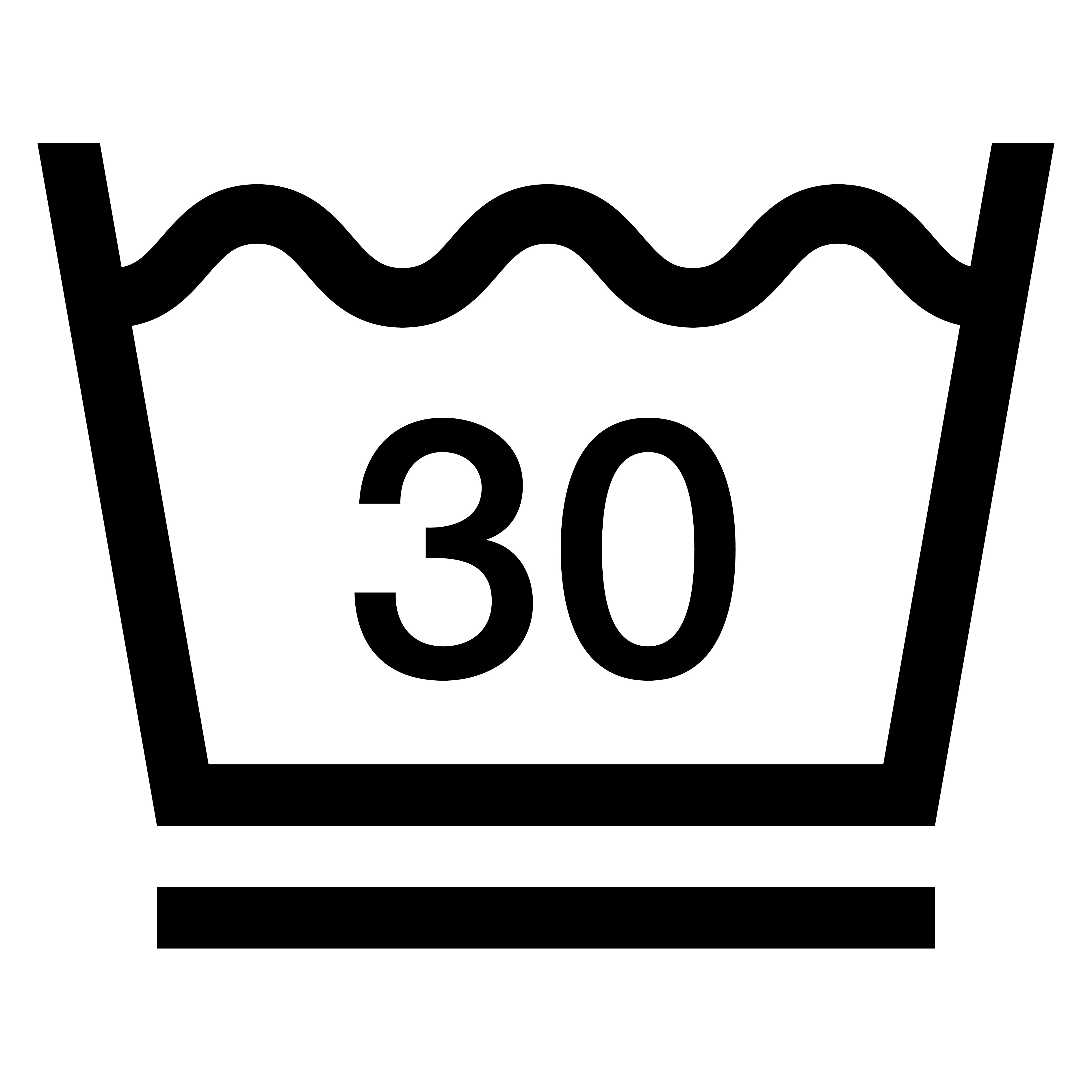 Black care symbol showing a wash tub with the number 30 and one horizontal line underneath.