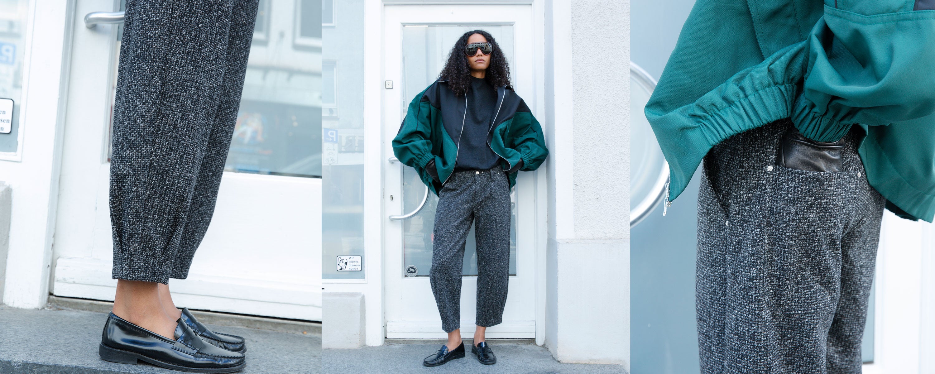Model wears grey melange DAYDREAM trousers with a tapered leg, styled with a green bomber jacket and black loafers. Close-up images highlight the textured fabric and elastic hem.