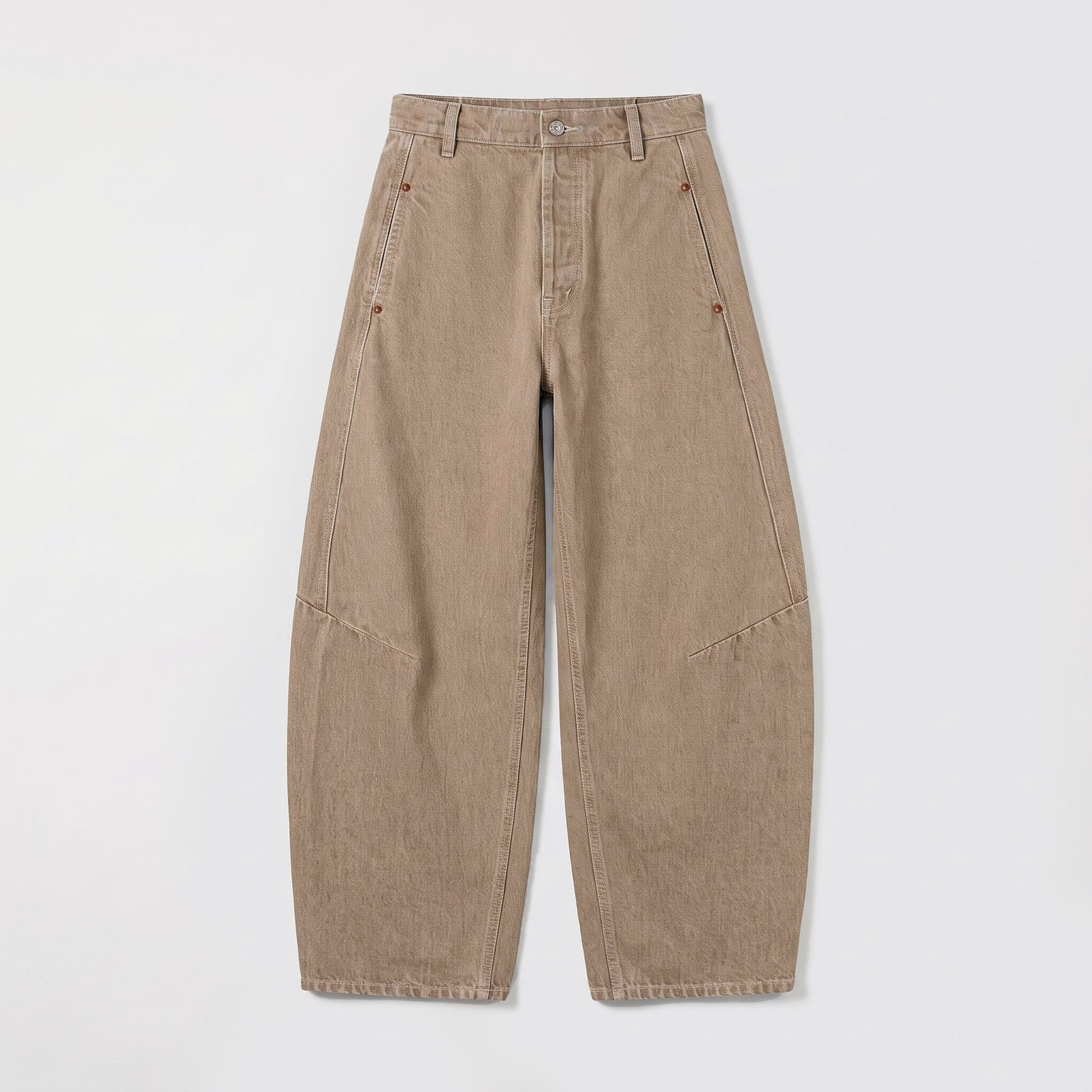 Circular barrel jeans with seam details. | LOS ANGELES smart indigo | DD caramel wash | Front view of bust