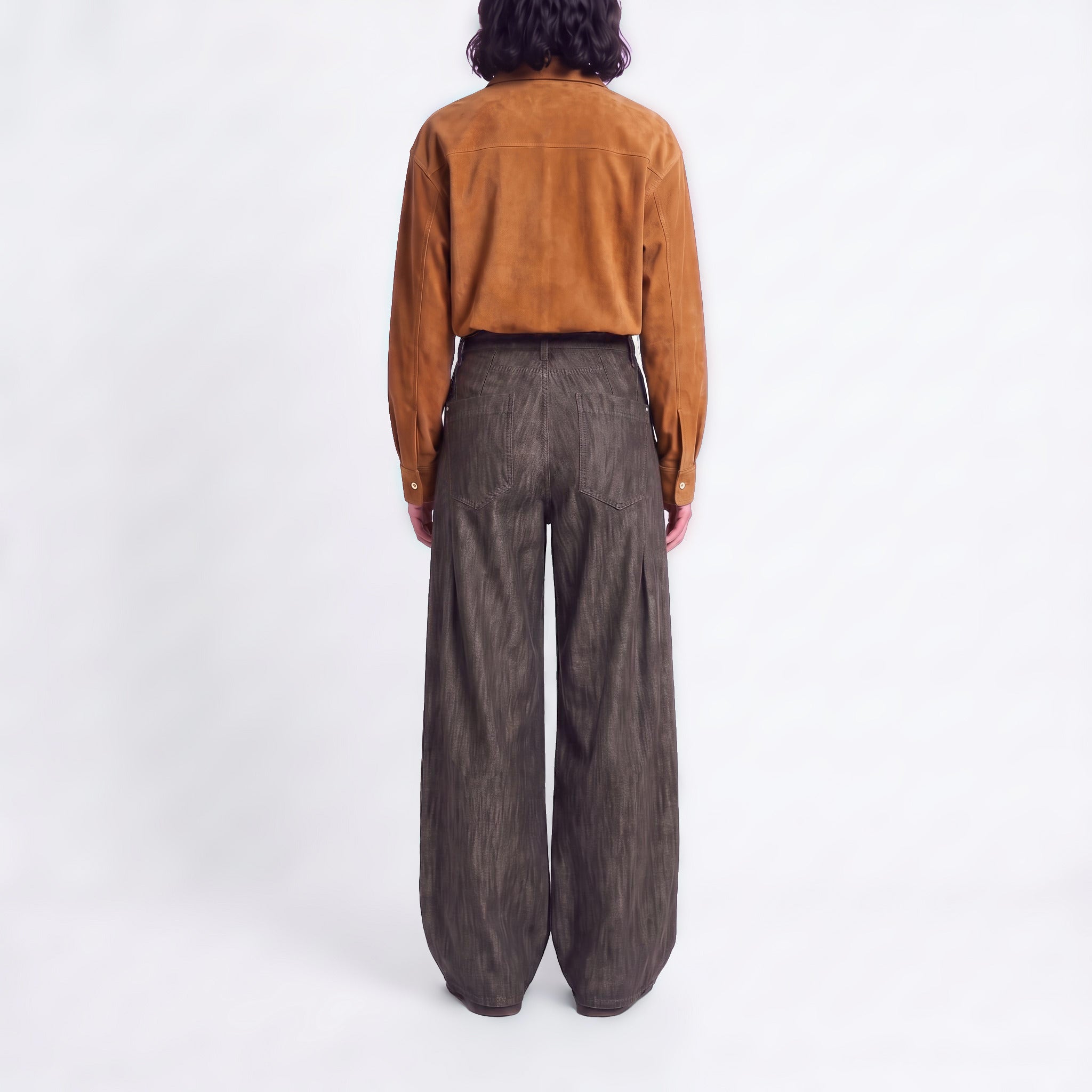 Wide premium jeans with details. | PHILADELPHIA indigo | bitter chocolate | Back view of model